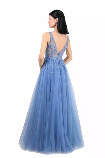 Robe de soirée femme en tulle long coupe basse dos coupe étroite indigo 