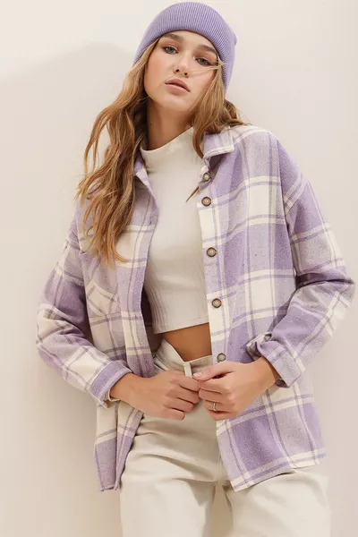 نسائي أرجواني منقوشة جيب واحد قميص كاشيت كبير الحجم 