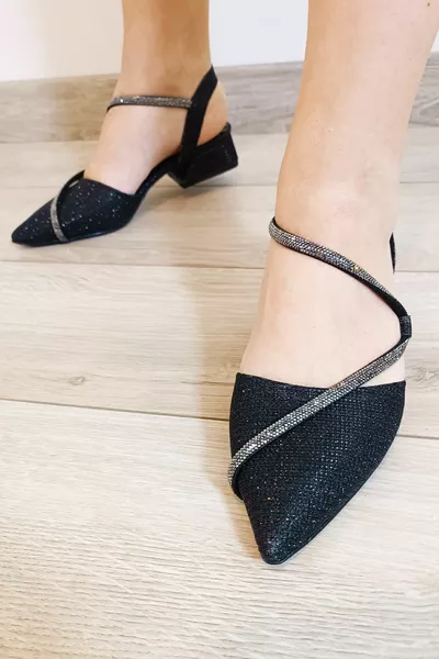 Chaussures de soirée à talons bas trépointe pierre brillant noir brillant Ballerines