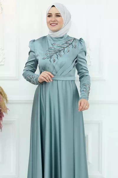 Robe de soirée en satin transparent Vert Çağla