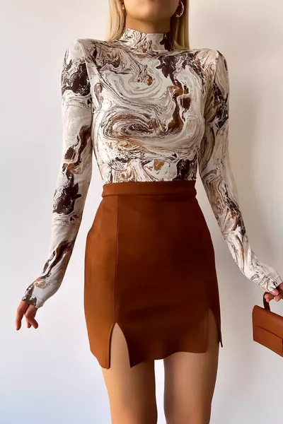 المرأة الموسم الجديد موجة القهوة نمط الوقوف طوق بلوزة طويلة الأكمام