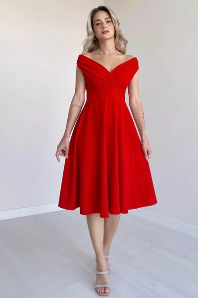 Женское красное гибкое платье с двубортным воротником и воротником миди 