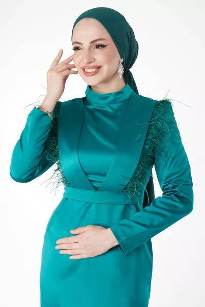 Robe de soirée droite à pompons verts pour femmes - 