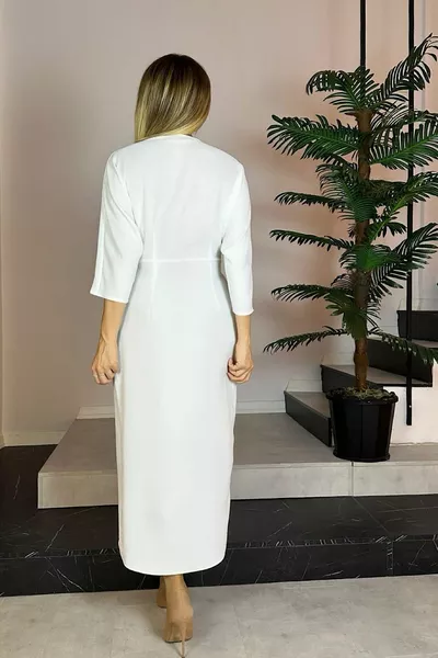  Double-breasted Collar Belted Dress White