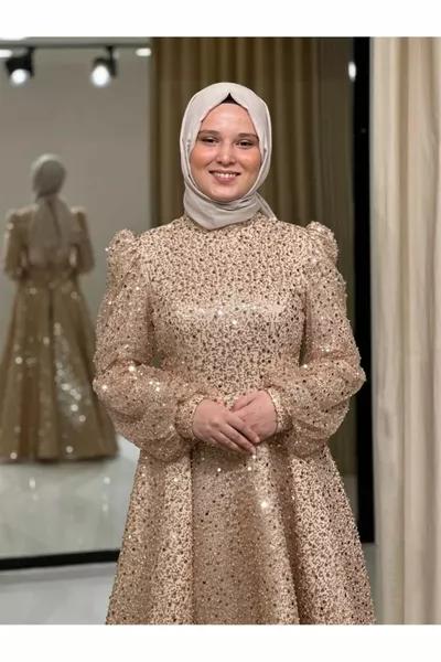 Gold Stars Women's Hijab Sequin Sequin Midi Length Engagement Evening Dress 