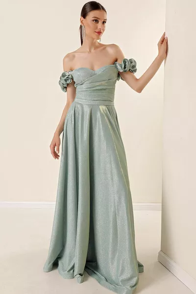 Laitue épaule doublée drapée paillettes robe longue menthe