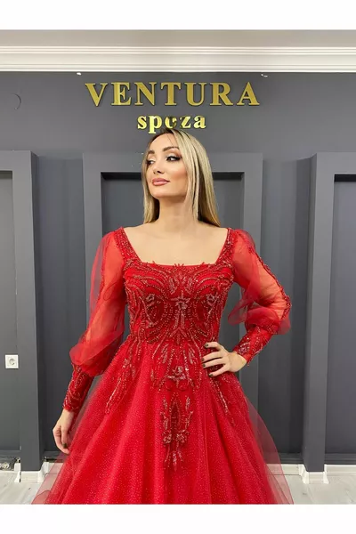 Square Neck Transparent Sleeve Engagement Dress