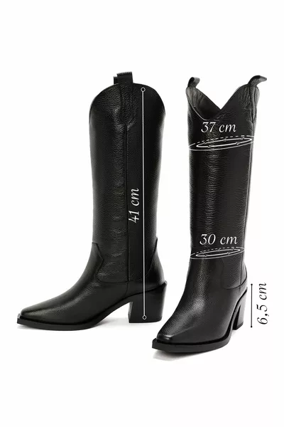 أحذية كاوبوي جلدية سوداء ذات كعب سميك نسائي FT