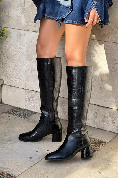 Christa Black Patterned Blunt Toe Women's Heeled Boots