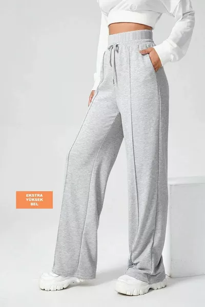 المرأة رمادي اضافية عالية الخصر الجبهة غرزة مخطط واسعة الساق بنطال رياضي