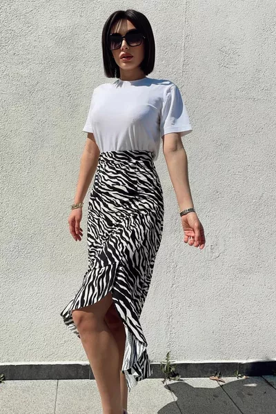 Ecru Zebra Patterned Asymmetrical Cut Slit Flounced Midi Skirt Cm