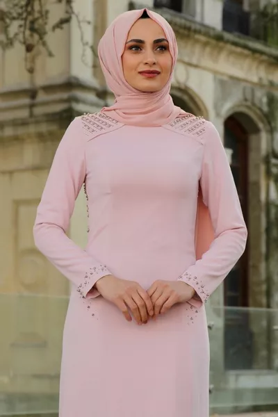 Women's Pearl Detailed Powder Hijab Evening Dress