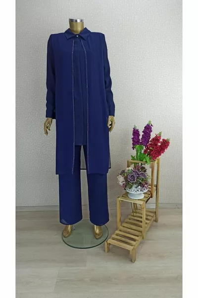  Front Detailed Stone Sleeve Ends Buttoned Shirt Collar Evening Dress Set Qks Suit  ##