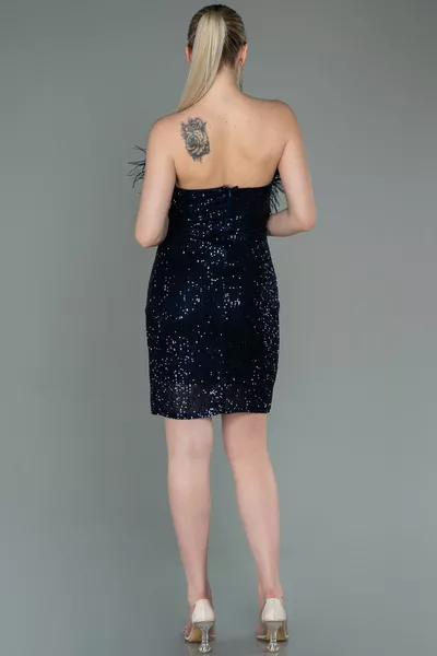 Blu navy senza spalline Otrichli corto paillettes invito abito 