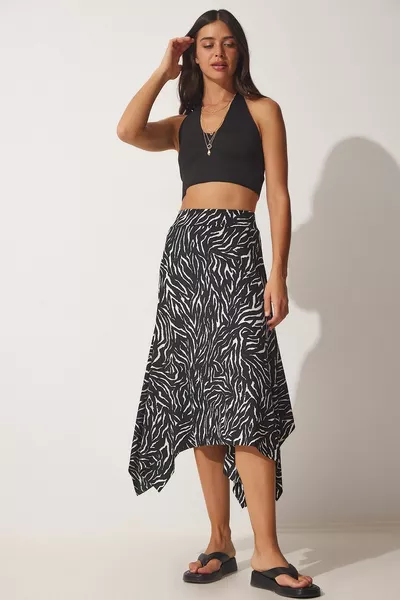 تنورة محبوكة غير متناظرة منقوشة سوداء نابضة بالحياة للمرأة  