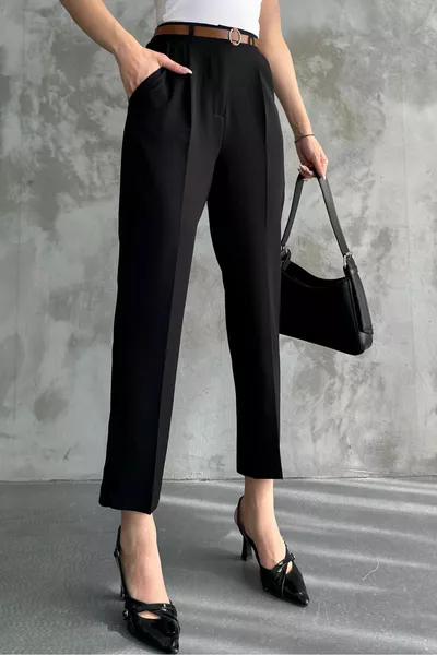 Pantalon Femme Jambe Étroite Plissé Ceinturé Tissu Saisonnier Noir