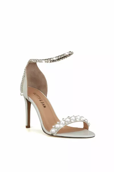 Cindy Ecru Heels with Ankle Pearl Gemstone Strap