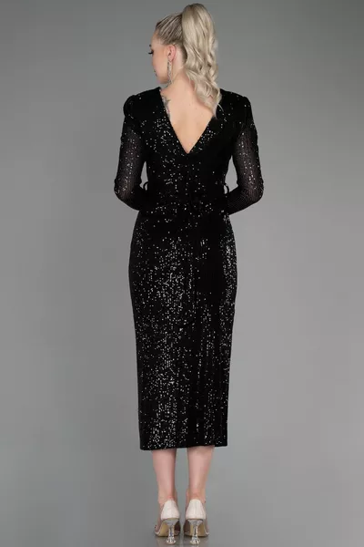 أسود طويل الأكمام شق الترتر ميدي دعوة اللباس 