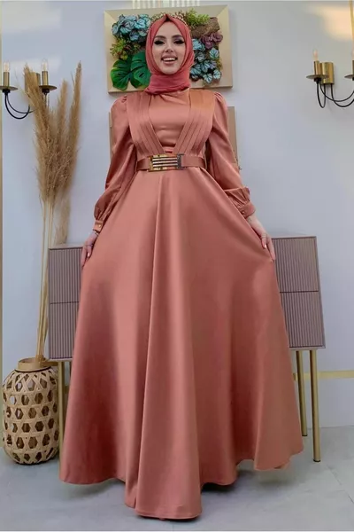 Robe de soirée en satin détaillée ceinturée rose (ROSE) pour femmes T 