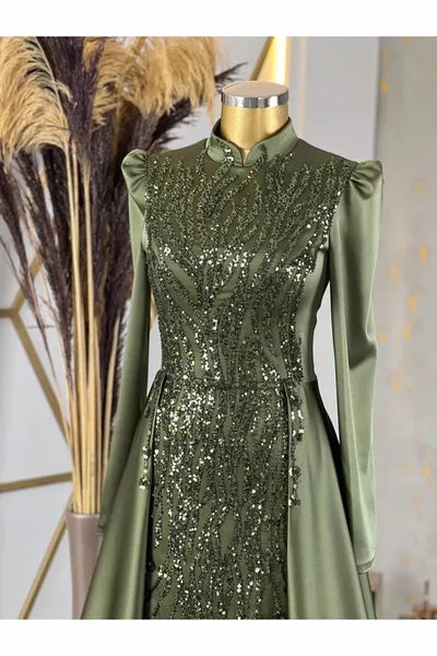 Tailed Drop Hijab Abendkleid Pistaziengrün