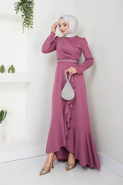 فستان سهرة محجاب مع تنورة كشكش وحزام بالحجارة 