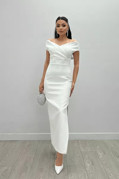 Babel Fabric Boat Collar Pearl Detailed Pencil Dress - WHITE