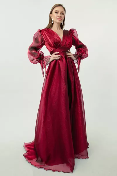 المرأة الأحمر بالون الأكمام الخامس الرقبة مساء اللباس الطويل