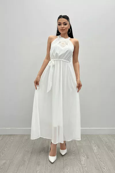 Şifon Kumaş Beli Lastikli Midi Elbise - BEYAZ