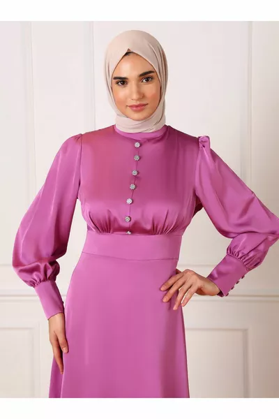 Taş Düğme Detaylı Saten Tesettür Abiye Elbise - Erik- Refka