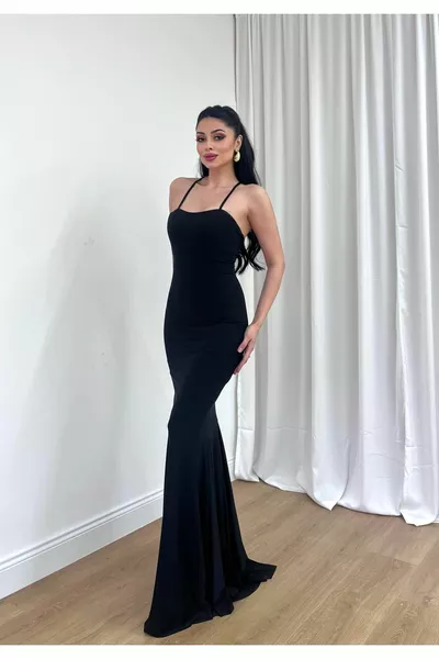 Women's Evening Dress Rope Strap Deep Back Low-Cut Back Cross Rope Detailed Bodycon Lycra Maxi Dress