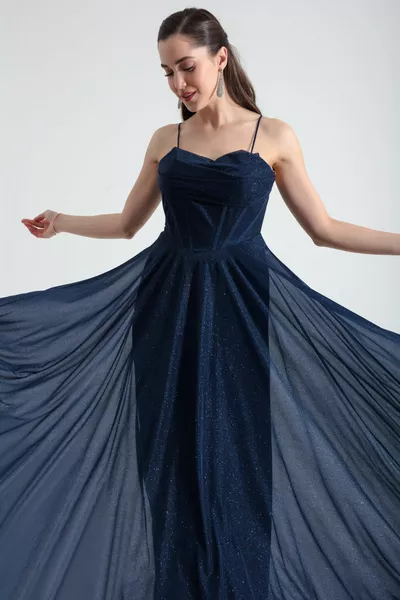 المرأة الأزرق الداكن Underwire مشد بريق مساء اللباس الطويل