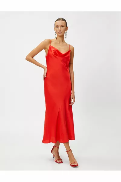 Satin Midi Length Evening Dress with Straps