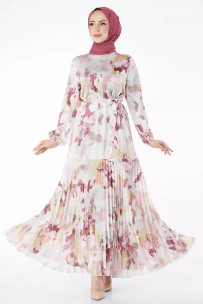 Jupe rose droite à col rond pour femmes Robe de soirée plissée à motifs détaillés - 