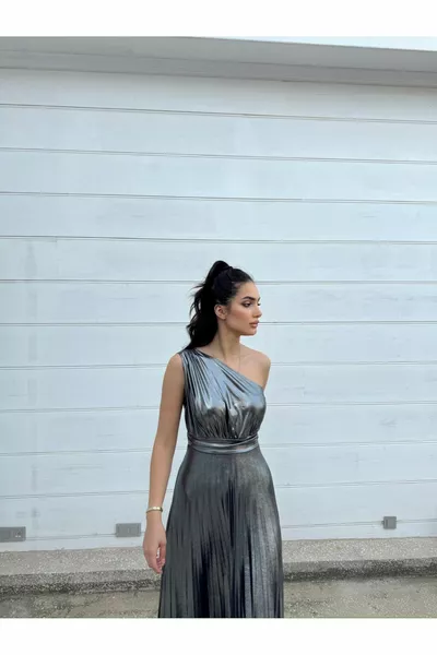 Hazal плисирани един ръкав пенливи вечерни рокли  металик