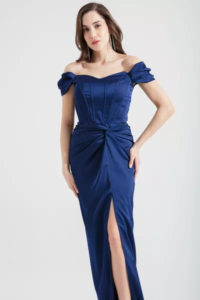 المرأة الأزرق الداكن Underwire مشد طويل الساتان مساء اللباس