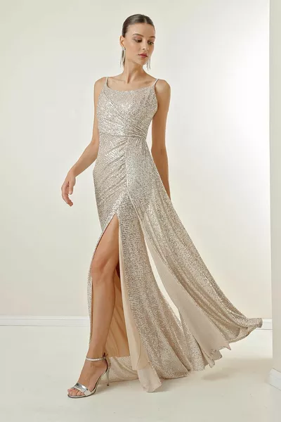 Pulp lange jurk met touwriemen gedrapeerde gevoerde split