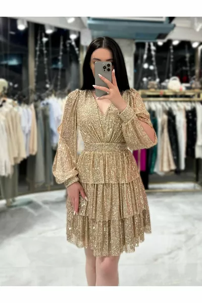 Sierra Pailletten Mini-Abendkleid mit tief ausgeschnittenem Rücken Dunkelgold