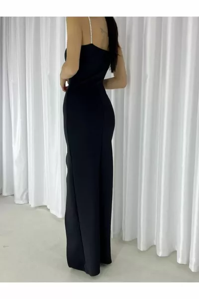 Women's Black Stone Detailed Double-breasted Collar Deep Slit Maxi Off-Shoulder Open Scuba Fabric Strap Evening Dress