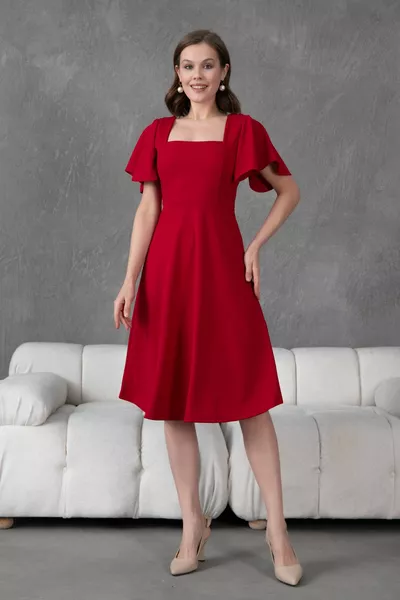 Ärmel Detail Stretchy Scuba Kreppstoff Quadratischer Ausschnitt Midi-Länge Rotes Abendkleid Rotes Abschlusskleid 