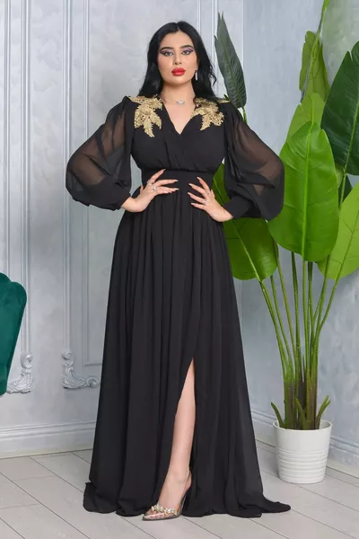 الشيفون تصميم V منخفضة قطع الكتفين الأزهار التبعي الأكمام طويلة بالون شفافة طويلة مساء اللباس