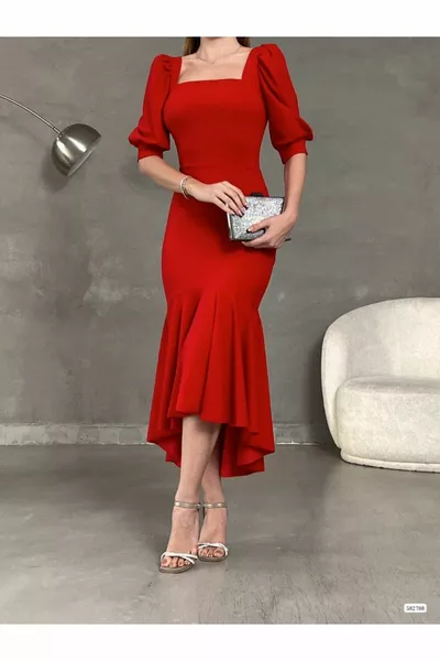 مربع الرقبة تنورة كشكش التفاصيل ميدي طول مساء اللباس