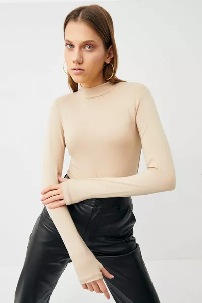 Women's Cream Finger Detailed Bodysuit