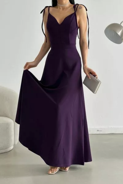 Strap Tie Heart Collar Long Evening Dress Purple