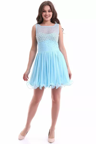 Women's Front Bead Stone Skirt Tulle Flared Short Party Graduation Mini Short Dress 