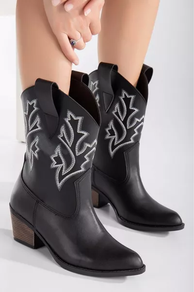 Stivali corti occidentali asiatici Stivali corti da cowboy da donna NERO