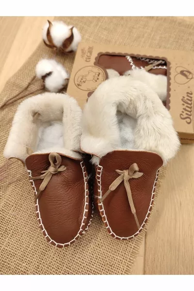 Organic Leather Unisex Baby Booties Natural Baby Shoes With Wool Inside