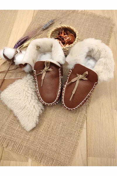 Organic Leather Unisex Baby Booties Natural Baby Shoes With Wool Inside