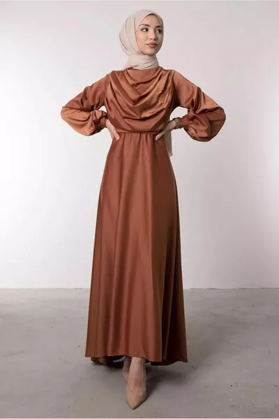 ROBE DE SOIRÉE FEMME EN SATIN CAFÉ (CARAMEL) T 