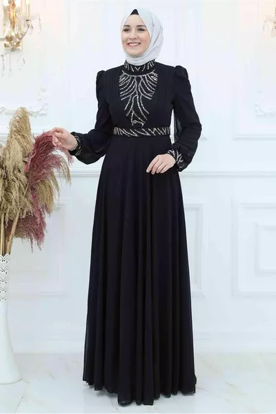 Women's Black Stone Chiffon Evening Dress T 