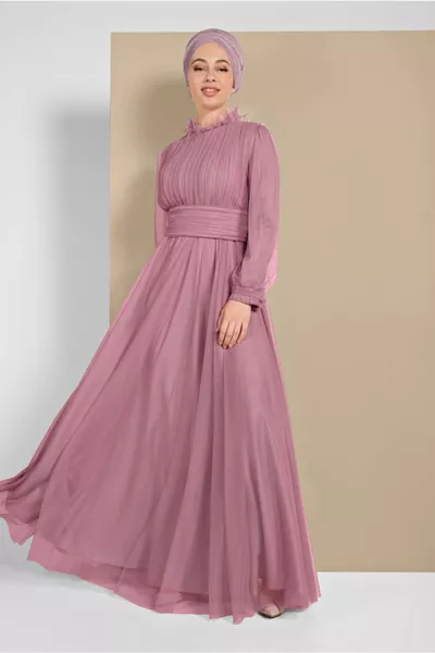 Abito da sera drappeggiato in tulle rosa (ROSE) 